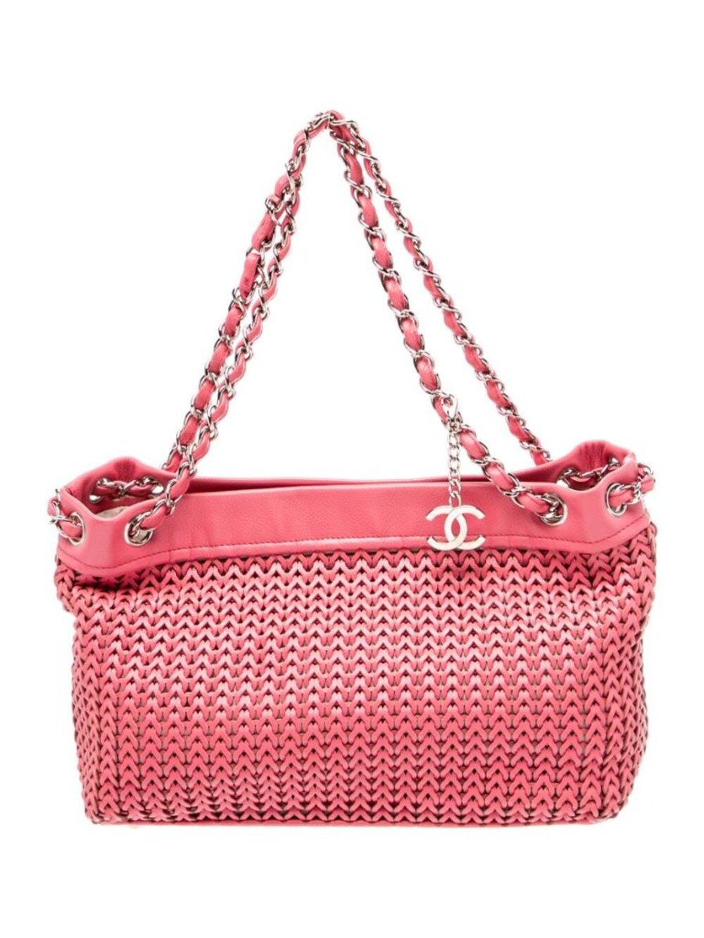 Chanel Vintage Pink Woven Leather CC Charm Shoulder Tote Bag